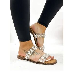 CORKYS Size 11 Mamma Mia Pearl Embellished Clear Strap Sandals